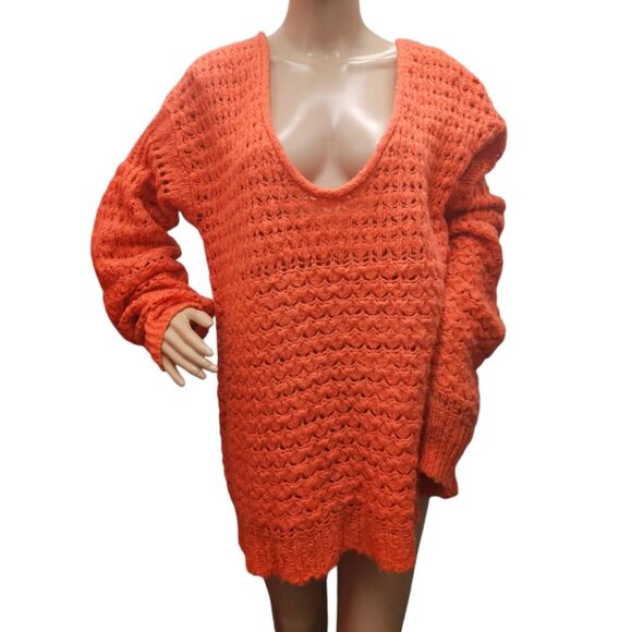 Free People Crashing Waves Chunky Knit Pullover V Neck Sweater in Red Orange - Picture 6 of 10